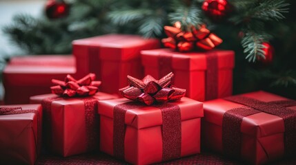 Obraz premium Bright Red Gift Boxes Under a Christmas Tree
