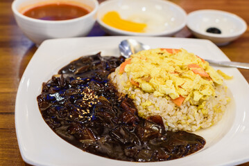 Korean-Chinese Egg Fried Rice with Rich Black Bean Sauce