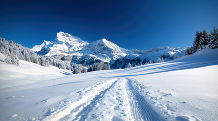 Obraz premium serene winter landscape featuring snow covered trees and majestic mountains under clear blue sky. untouched snow creates peaceful atmosphere, inviting exploration