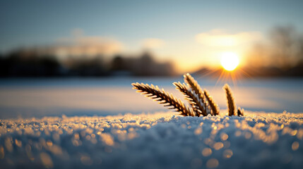 serene winter morning showcases sunlight glistening over snow covered fields, with sprig of greenery peeking through frost, evoking sense of tranquility and hope