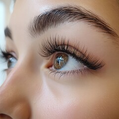 Obraz premium Eyelash extension procedure close up. Beautiful Woman with long lashes in a beauty salon.