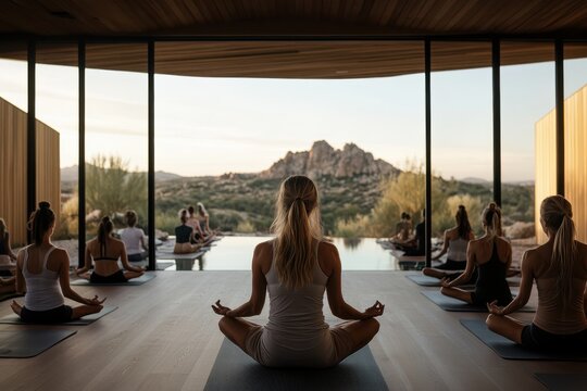 A serene yoga class is taking place indoors with a panoramic view of majestic mountains in the background, creating a tranquil atmosphere for relaxation and focus.