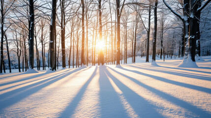 serene winter morning showcases sun rising over snow covered fields, casting long shadows from trees. tranquil scene evokes sense of peace and beauty in nature