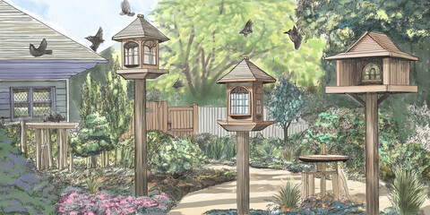 Backyard birdhouses welcoming birds flying around