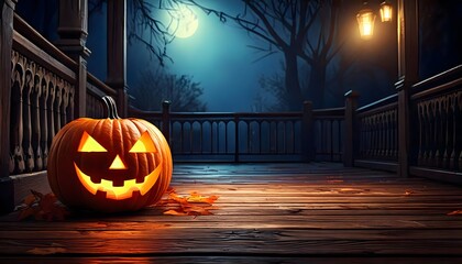 Halloween pumpkin decoration on porch, spooky night background