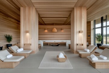 A contemporary spa room featuring wooden decor, elegant loungers, and soft lighting, offering a perfect environment for relaxation and unwinding peacefully.