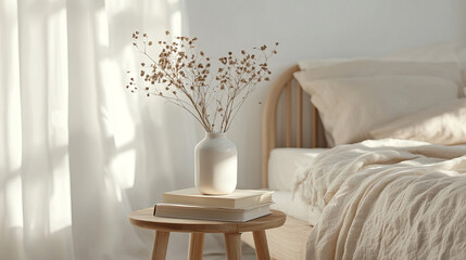 A portrait frame mockup is elegantly placed on a vintage wooden bench or table, accompanied by a delicate ceramic vase holding dry hypericum plants