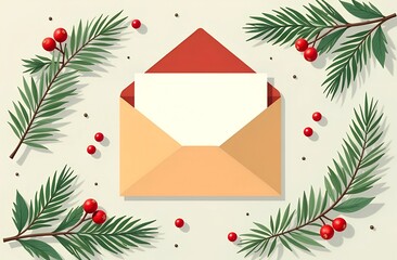 Overhead view of a blank card and envelope on fir branches and berries. Christmas and New Year's Eve Concert, Letter to Santa Claus, Christmas Letter. Merry and Bright Corporate Holiday cards