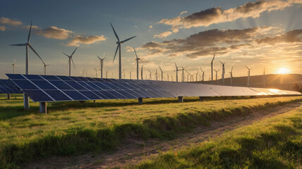 Concept of energy storage batteries system, solar panel in ground with storage batteries system and wind turbine