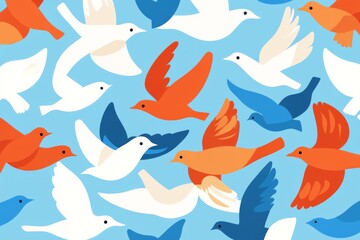 Fototapeta premium A blue sky with many birds flying in different directions. The birds are of various colors and sizes, creating a lively and dynamic scene