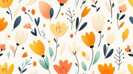 A colorful floral pattern with a variety of flowers and leaves. The flowers are in different sizes and colors, and the leaves are also varied in size and color. Scene is cheerful and vibrant
