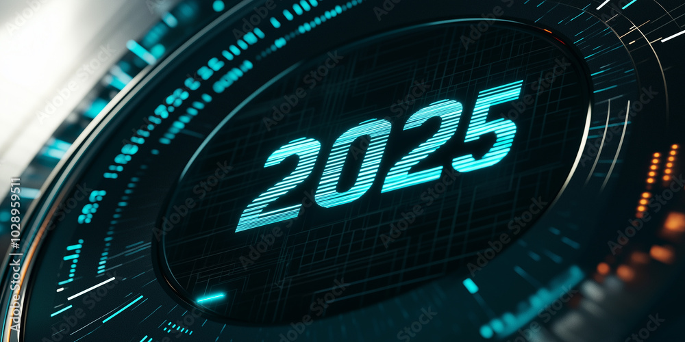 Poster futuristic hologram displaying year 2025 with digital glitch effect