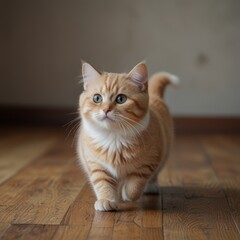 A cute ginger kitten with blue eyes walks on a wooden floor.