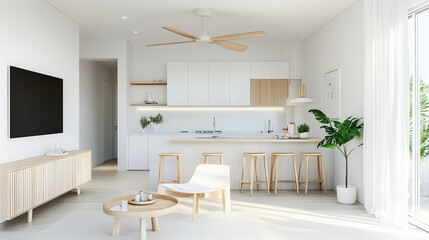 Fototapeta premium Modern kitchen interior design featuring minimalist aesthetic with light wood accents, spacious layout, and natural light. room includes dining area with stylish stools and cozy atmosphere