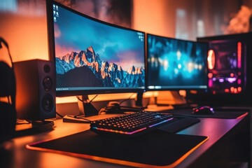 Gaming room with a triple monitor setup and LED strip lights