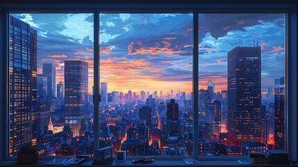 The cityscape seen through the window from inside the room is modern and beautiful, with large, intricate buildings that dazzle during the day and glow at night. High resolution Illustration, in the