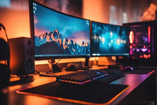 Gaming room with a triple monitor setup and LED strip lights - Powered by Adobe