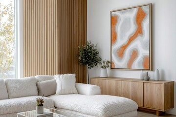 Minimalist, a modern Scandinavian interior in a living room with an af frame hanging on the wall from wood and a sofa and wood cabinet. Generative AI
