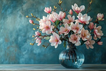 The bouquet of blue magnolias and other flowers artfully arranged in a glass vase on a wooden table in a rustic style.