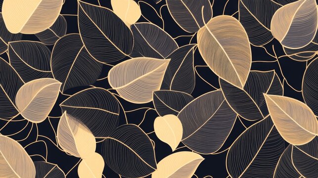 A black and gold leafy patterned background with a few leaves in the foreground. The leaves are outlined in gold and the background is a dark color