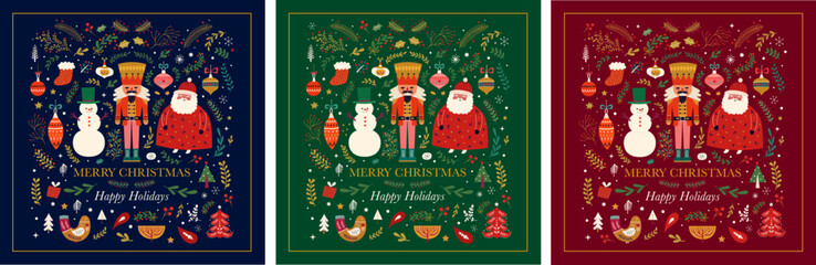 Classic Christmas greeting illustrations with funny Santa Claus, nutcracker and snowman. Big Christmas collection in Scandinavian style with traditional Christmas and New Year elements. 