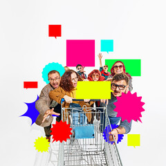Group of excited shoppers in cart, surrounded by bright speech bubbles, rushes forward with...
