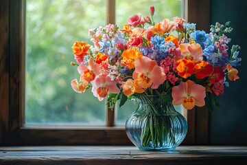 Fototapeta premium The bouquet of orchid and other flowers artfully arranged in a glass vase on a wooden table in a rustic style. Still life