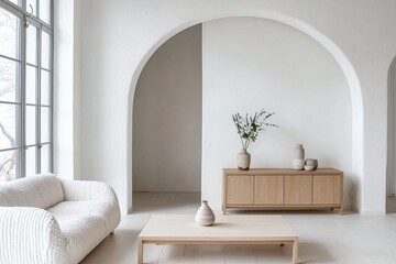 Minimalist, modern Scandinavian interiors in the living room with white sofas and wood cabinets. Generative AI
