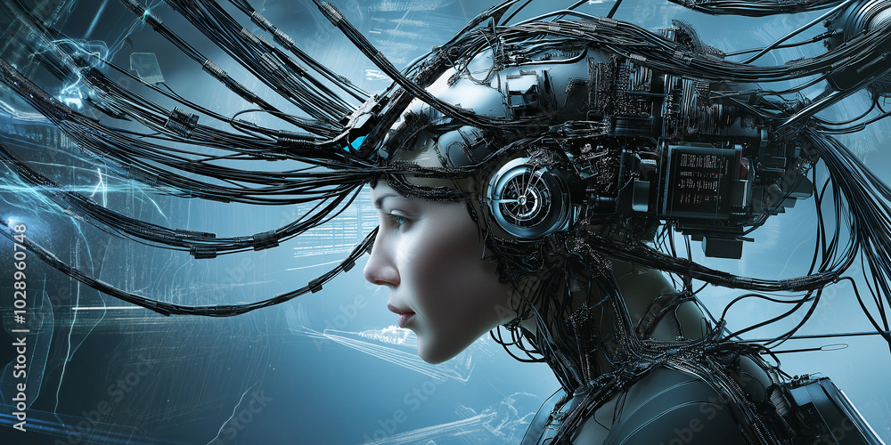 Poster woman merging with technology wearing brain computer interface