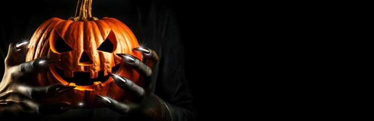 Close-up of scary black hands with long claws holding a carved Halloween pumpkin (Jack O Lantern), on a black dark background with copy space. Template for a Halloween greeting card. Generative Ai.
