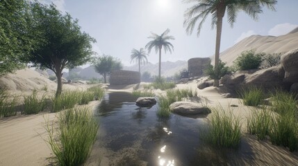Obraz premium A desert oasis formed by floodwaters, with shallow pools of water reflecting the clear sky and distant dunes.