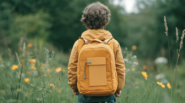 A young boy stands in vibrant field of flowers, wearing bright yellow backpack and matching jacket. scene captures sense of adventure and exploration in nature