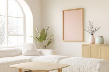 Fototapeta premium A modern Scandinavian interior in the living room with minimalist, arched windows and wood cabinets and sofas. Generative AI 
