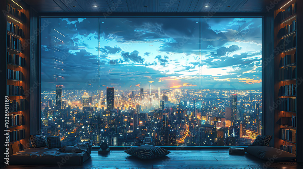 Poster From inside the room, the window reveals a cityscape of modern, intricate buildings that shine brightly, presenting a beautiful panorama both day and night. High resolution Illustration, in the style