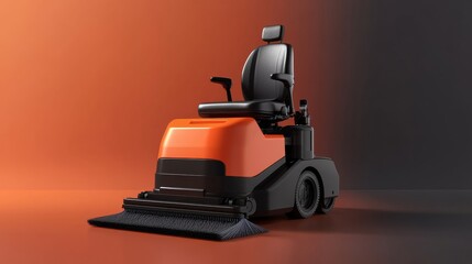 sleek black and orange industrial floor cleaning machine with a seat and arm, studio shot with dark gradient background, modern design for heavy-duty cleaning solutions