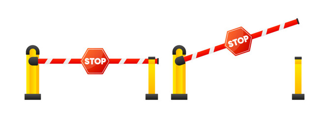 Open and Closed Car Barriers with stop signs. Automatic car barrier gate. Parking payment machine with barrier. Vector illustration.