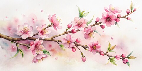 Obraz premium Hand-drawn watercolor cherry blossom branch with delicate flowers, perfect for home decor and stationery. Capture the beauty of Sakura art in your