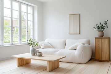 Naklejka premium Minimalist, modern Scandinavian interiors in the living room with windows and sofas and wood cabinets. Generative AI 