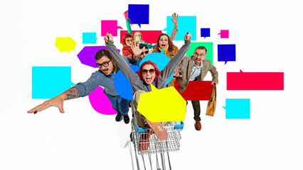 Cart full of eager shoppers, surrounded by colorful speech bubbles, shouts out their excitement, ready to grab Black Friday deals. Creative colorful collage. Concept of shopping, sales, Cyber Monday