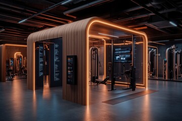 A cutting-edge gym pod boasting illuminated panels showcasing digital fitness information, surrounded by gym equipment in a sleek and modern design.