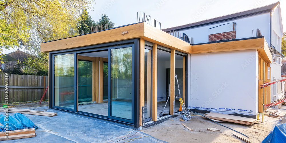 Poster modern house under construction getting new timber frame extension with large windows