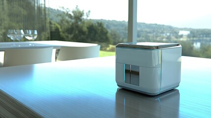 A futuristic rice cooker on a sleek kitchen countertop, surrounded by modern design elements, offering convenience in a stylish setting.