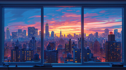 The window view from inside the room reveals a cityscape of modern, intricate buildings, offering a stunning panorama both during the vibrant day and the illuminated night. High resolution