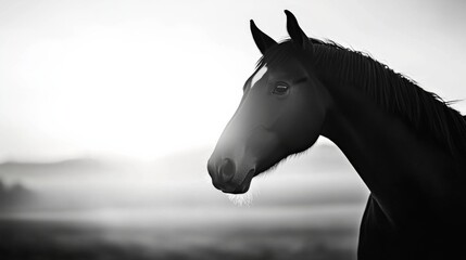 Obraz premium A black horse is standing in a field with a white background. The horse's head is turned to the right, and its eyes are looking straight ahead. The image has a serene and peaceful mood