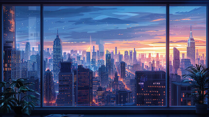 Through the window from inside the room, the cityscape is a sight to behold, with large, intricate buildings that are modern and beautiful both day and night. High resolution Illustration, in the