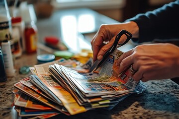 Obraz premium Coupon Clipping: Hands cutting out coupons from a colorful newspaper insert on a kitchen table, with scissors and a pile of clipped coupons scattered around