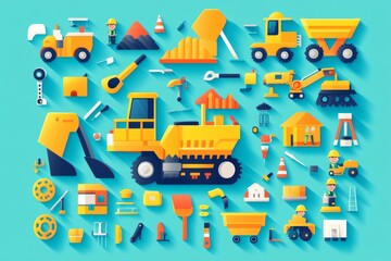 Fototapeta premium A collection of construction vehicles and tools are shown in a blue background. The vehicles include a bulldozer, a crane, and a dump truck. The tools include a hammer, a wrench, and a screwdriver