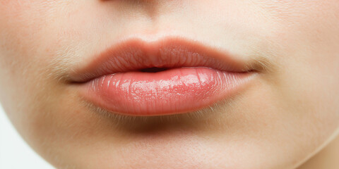 Naklejka premium Close up of woman's lips showing lip gloss and healthy skin