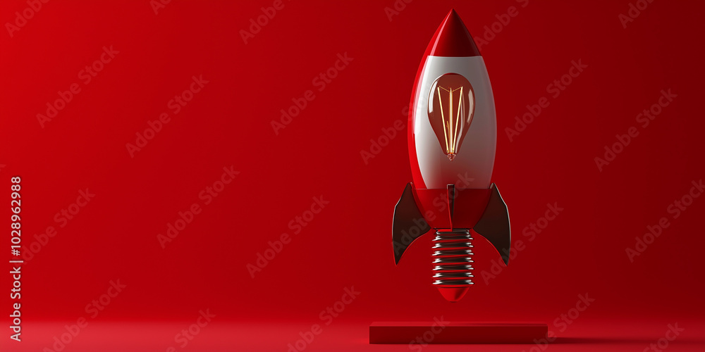 Poster Red rocket launching from red platform with lightbulb inside on red background