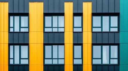 Fototapeta premium modern building facade with striking yellow and teal paneling, large windows providing natural light, showcasing sleek contemporary architecture in an urban environment